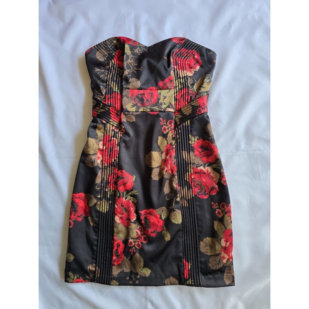 GUESS Floral Bodycon Dress Strapless Sweetheart Neck Black Red Brown Size 3